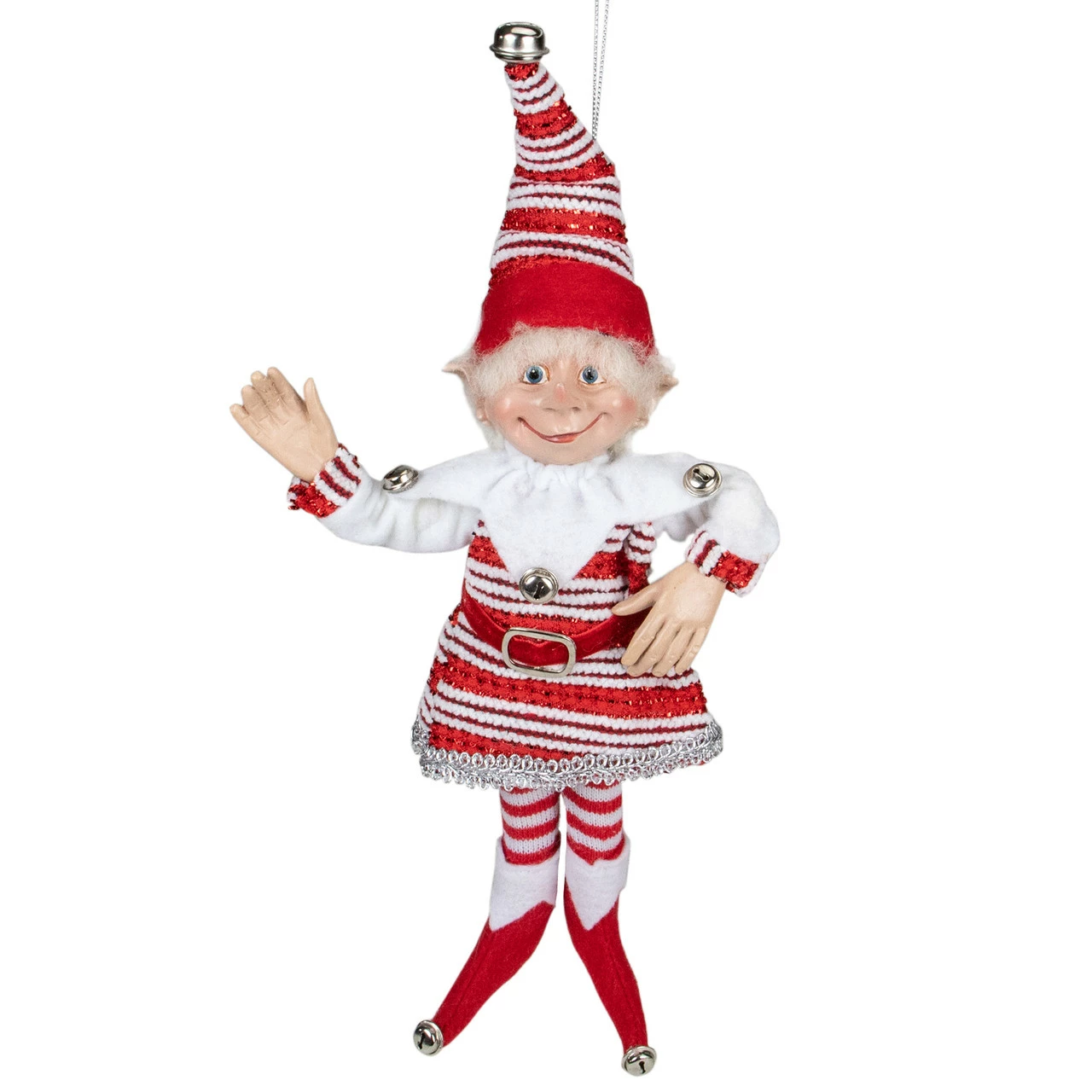 Select Artificials 13" Red And White Peppermint Striped Elf With Jingle Bells 1 Select Artificials 13" Red And White Peppermint Striped Elf With Jingle Bells