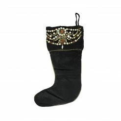 CC Christmas Decor 20" Black And Gold Pearl Beaded Christmas Stocking