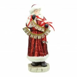Allstate 17" Red Glittered Santa Claus Holding "Merry Christmas" Sign With Bells Christmas Figurine