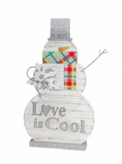 Diva At Home 18" Silver Colored Carved Look "Love Is Cool" Snowman Christmas Tabletop Decoration