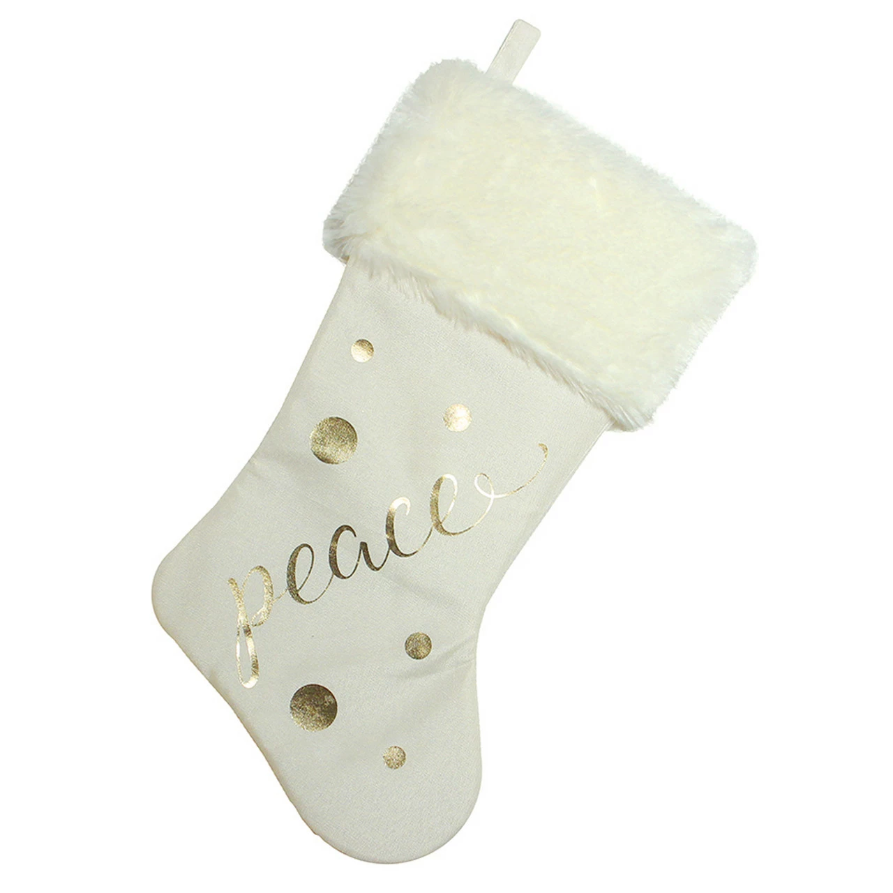 Northlight 19" Ivory White Gold Foil "Peace" Christmas Stocking With White Faux Fur Cuff 1 Northlight 19" Ivory White Gold Foil "Peace" Christmas Stocking With White Faux Fur Cuff