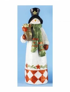 Don Mechanic 18" White And Black Folk Art Snowman With Christmas Hat Tabletop Figurine