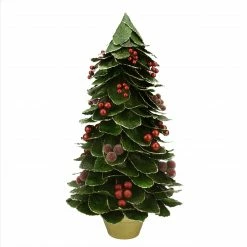 Gallerie II 18" Green And Red Holly Berry Glittered Leaf Potted Christmas Tree Tabletop Decor