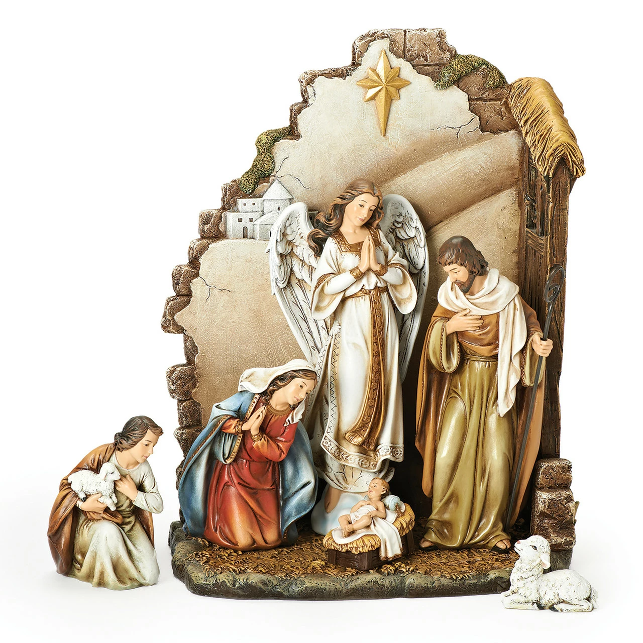 Roman 7-Piece Brown Joseph's Studio Nativity With Back Wall Christmas Table Top Decoration 12 1 Roman 7-Piece Brown Joseph's Studio Nativity With Back Wall Christmas Table Top Decoration 12