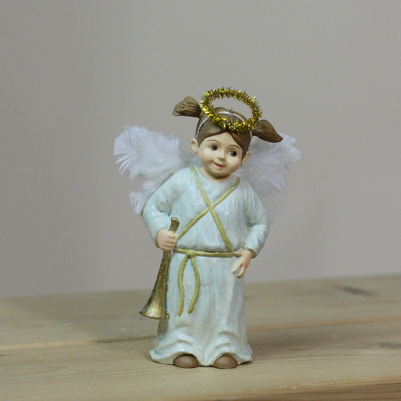 CC Home Furnishings 5.25" White Glittered Child Angel Holding A Golden Horn Christmas Figurine 3 CC Home Furnishings 5.25" White Glittered Child Angel Holding A Golden Horn Christmas Figurine - Image 3