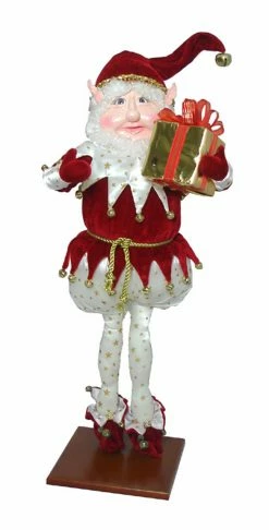 Fantasy Creations 25" Fantasy Gold Star Pants Christmas Elf Holding Present On Display Stand