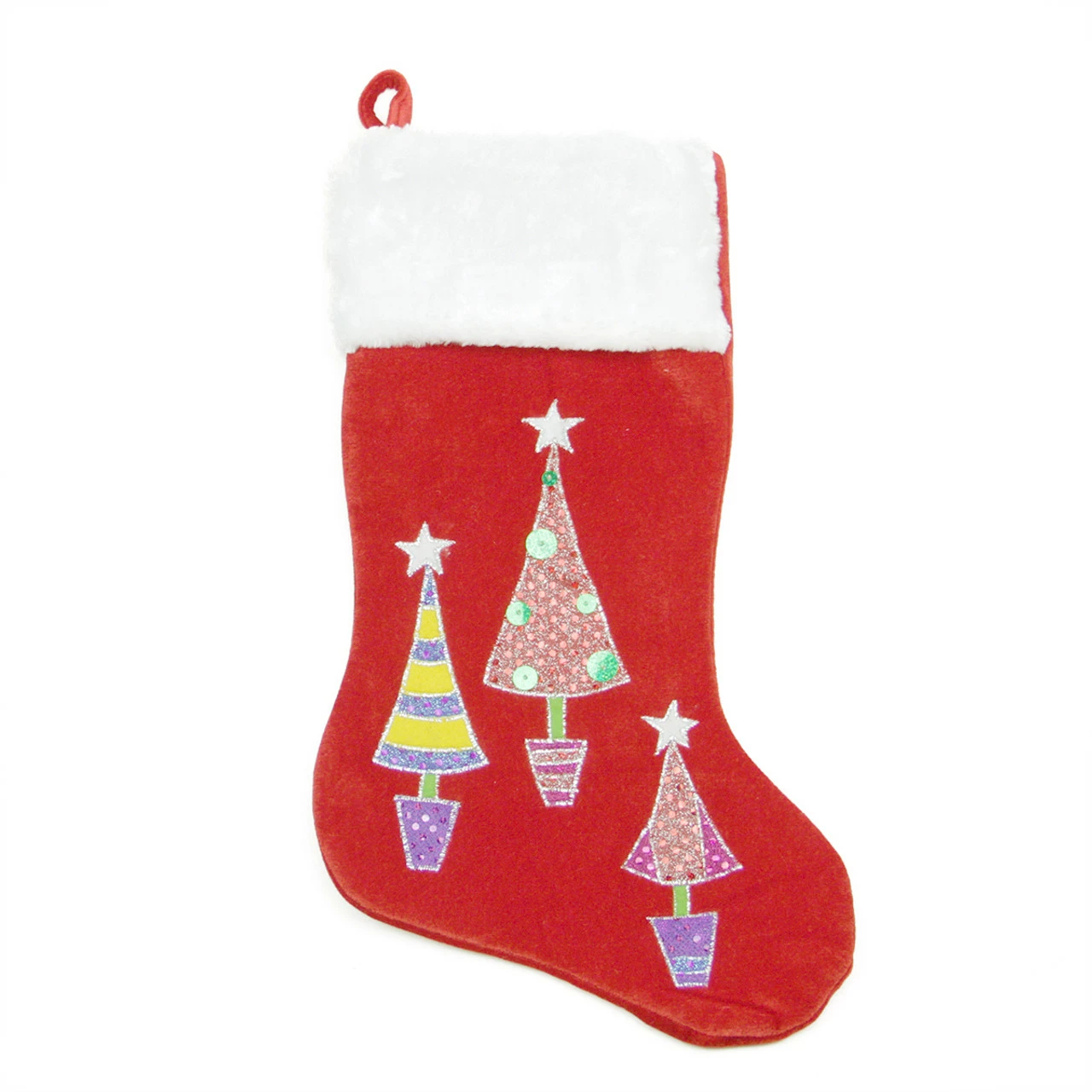 Northlight 20" Red And White Embroidered Velveteen Cuff Christmas Tree Stocking 1 Northlight 20" Red And White Embroidered Velveteen Cuff Christmas Tree Stocking
