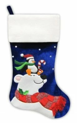 Northlight 24" Large Penguin And Bear Blue Velveteen Christmas Stocking With White Cuff