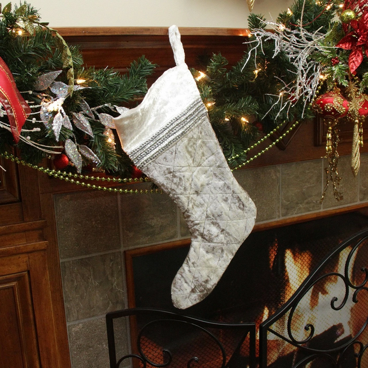CC Christmas Decor 17" Gray And White Quilted Embellished Christmas Stocking 3 CC Christmas Decor 17" Gray And White Quilted Embellished Christmas Stocking - Image 3
