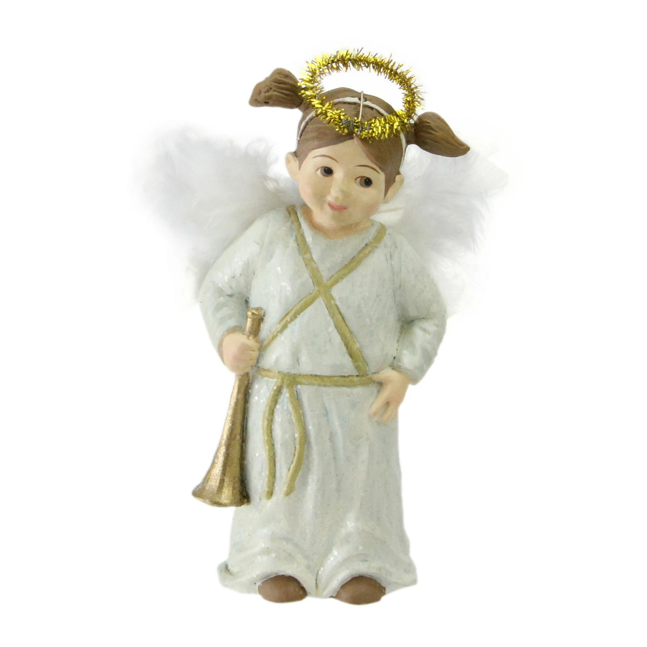 CC Home Furnishings 5.25" White Glittered Child Angel Holding A Golden Horn Christmas Figurine 1 CC Home Furnishings 5.25" White Glittered Child Angel Holding A Golden Horn Christmas Figurine