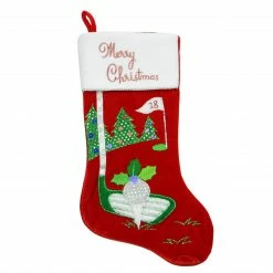 Northlight 20" Red Velveteen Golf Themed Christmas Stocking With White Embroidered Cuff